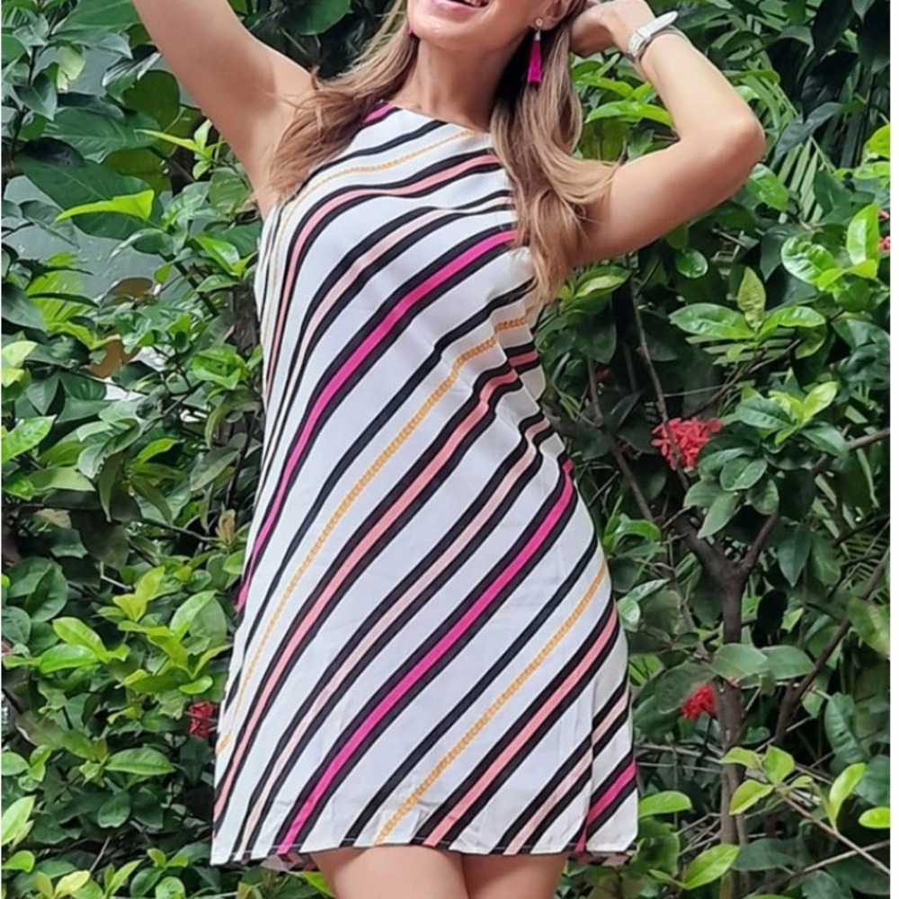 Striped Halter Mini Dress in White, Black & Pink